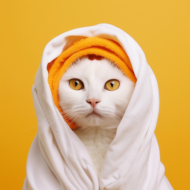 シャンプーを嫌がる猫と困った顔の飼い主