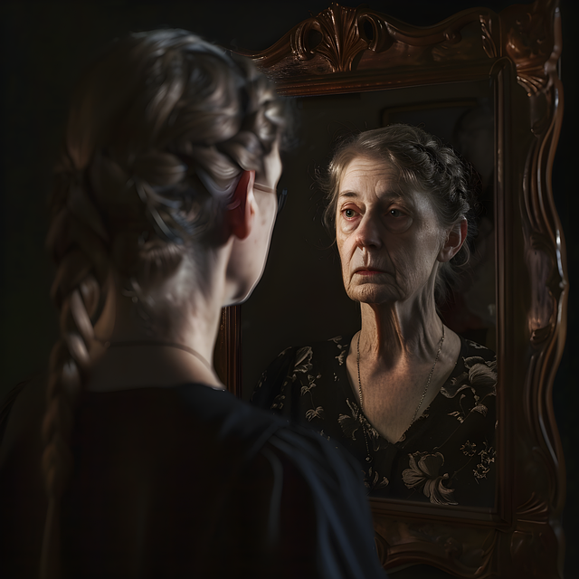 鏡を見て目じりのシワに悩む女性