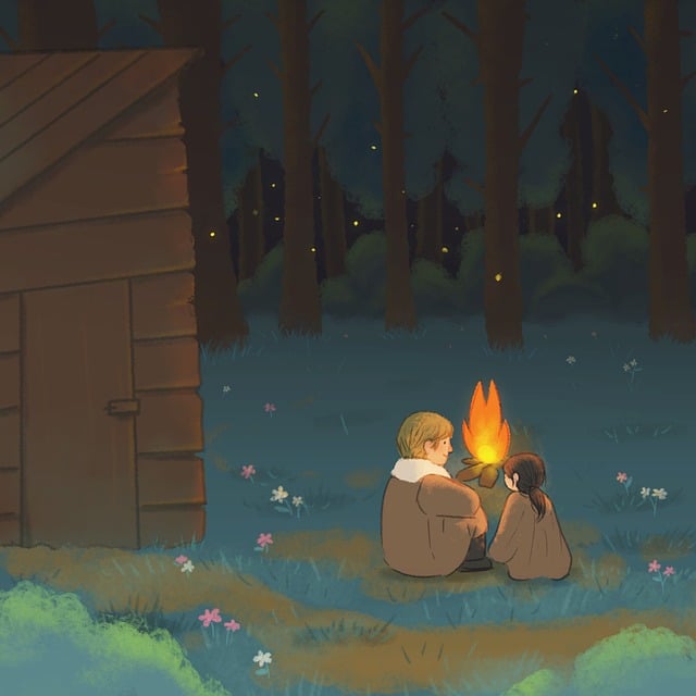 焚き火の火の粉に注意を促すイラスト