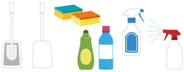 清潔な台拭きと洗剤、ブラシが並べられ、衛生的なキッチンを保つための準備をしている様子