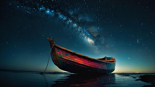 夜釣りの風景、暗闇とライトの光