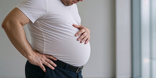 健康診断の結果に不安を感じる中高年男性が、食生活を見直す様子