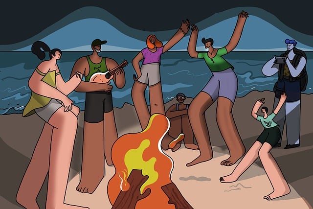 屋外で楽しそうに音楽を聴く人々