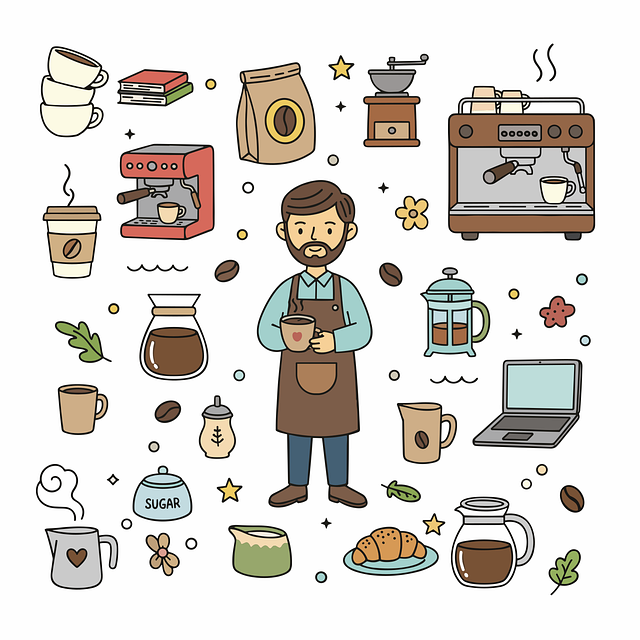 悩む人のイラストとたくさんのコーヒー器具