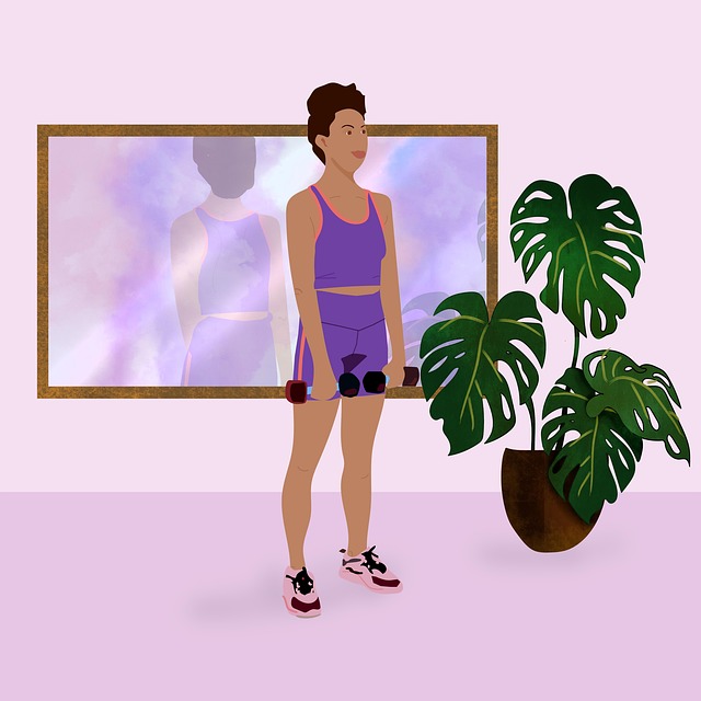 鏡の前で体脂肪を気にする女性