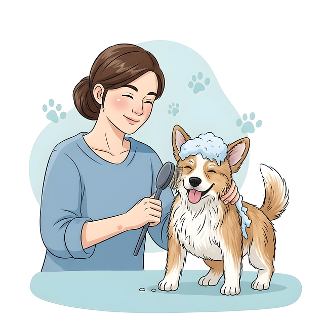 愛犬を優しくブラッシングする飼い主と、気持ちよさそうな犬