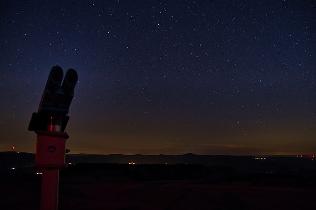 夜空を見上げ、注意深く望遠鏡を覗く人