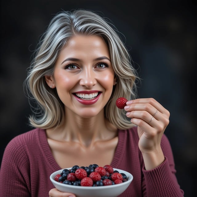 笑顔で朝食を食べる女性の様子、太陽の光が差し込んでいる