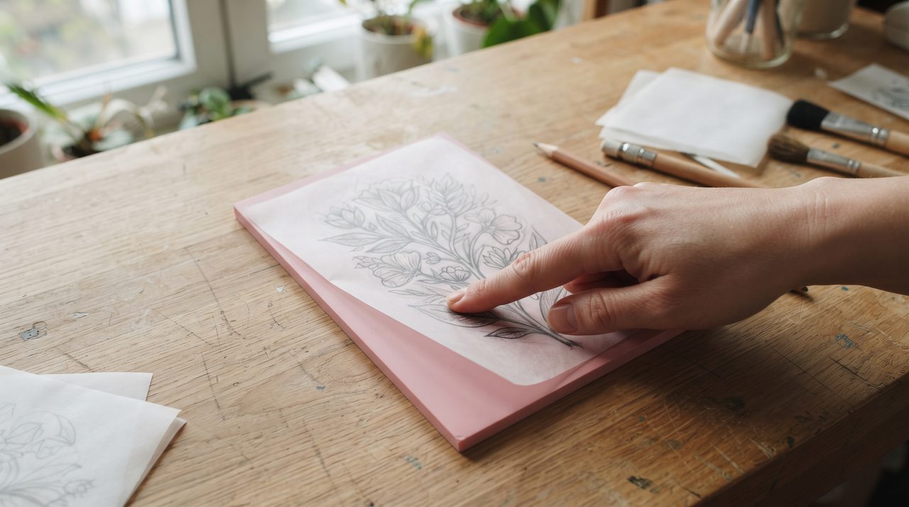鉛筆で描いた花とねこのシルエットの図案が写されたトレーシングペーパーを、ピンク色の消しゴムはんこ用イレイサーの上に重ねて、指で擦って転写している手元の様子