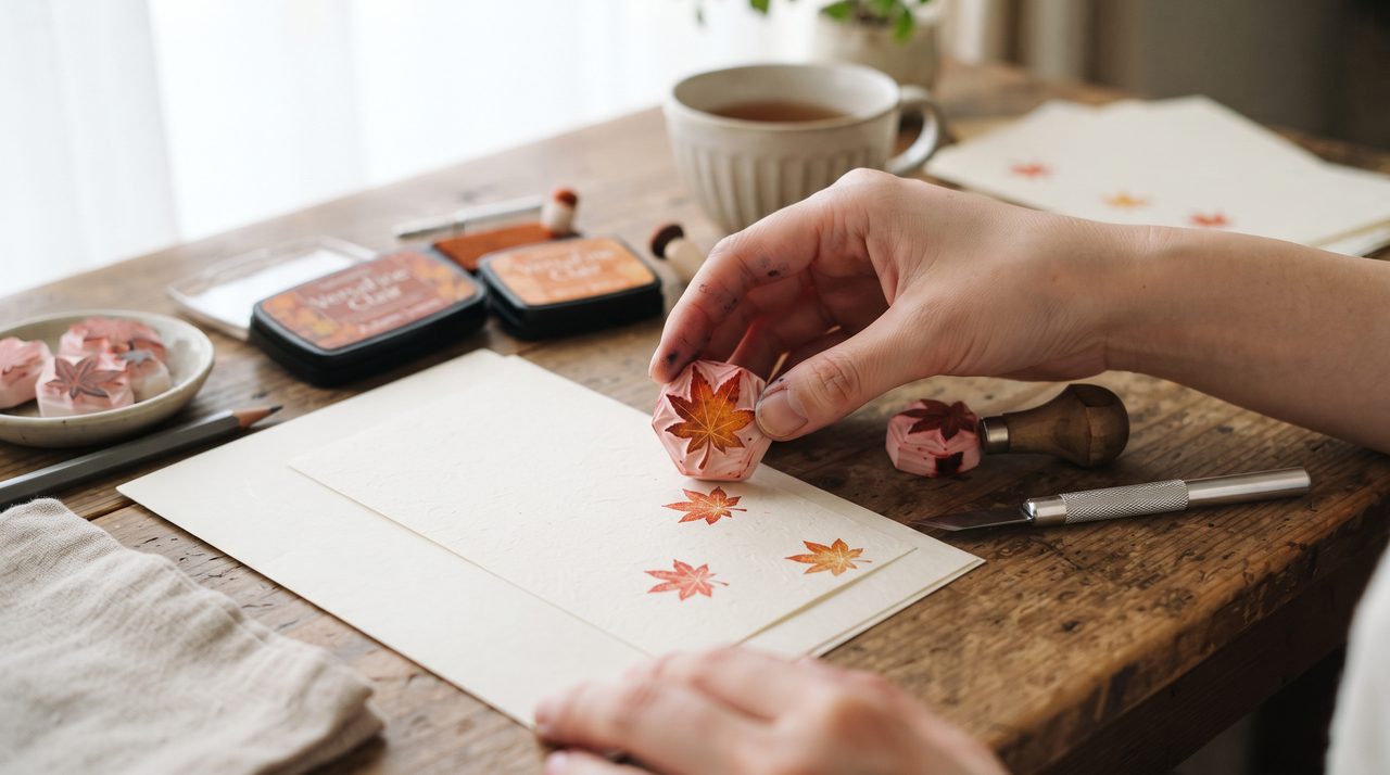 紫陽花や紅葉など季節モチーフの消しゴムはんこを一筆箋に押している手元のクローズアップ