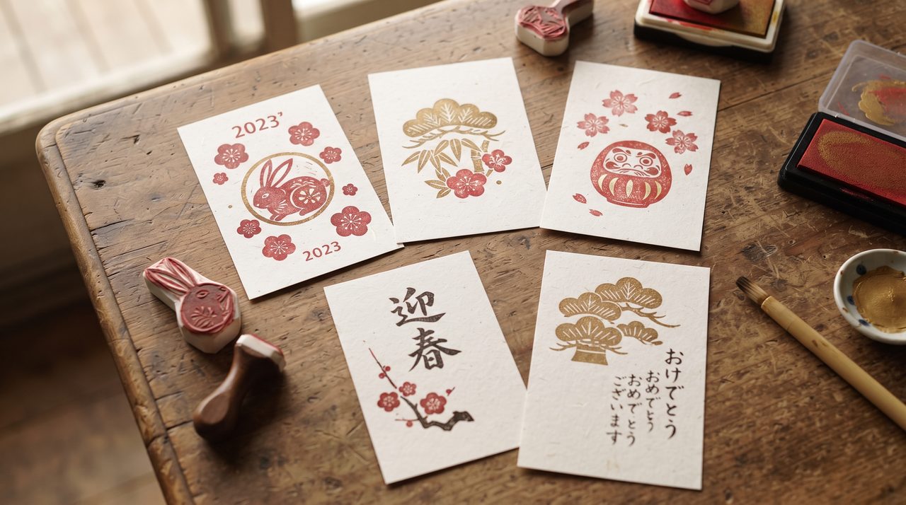 干支や松竹梅など和風の消しゴムはんこが赤や金のインクで押された年賀状が数枚並んでいる様子