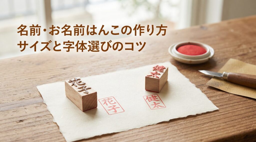 木製デスクに彫り上がった名前はんこ2本と試し捺しの紙を並べた斜め上からのカット