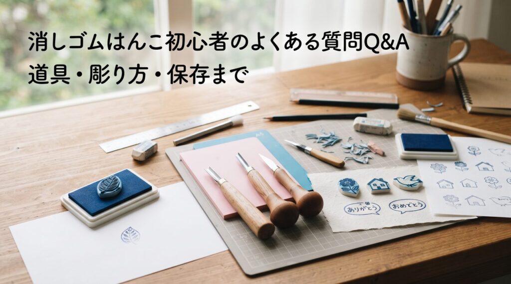 消しゴムはんこ作りの道具・完成作品・スタンプ台を作業スペースに広げた俯瞰ショット(無地のスタンプ台)