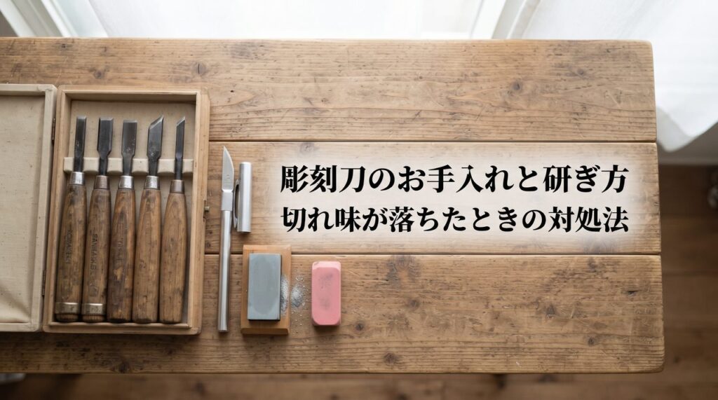 木製テーブルに彫刻刀セット・デザインナイフ・砥石・消しゴム板を俯瞰で並べたレイアウト写真