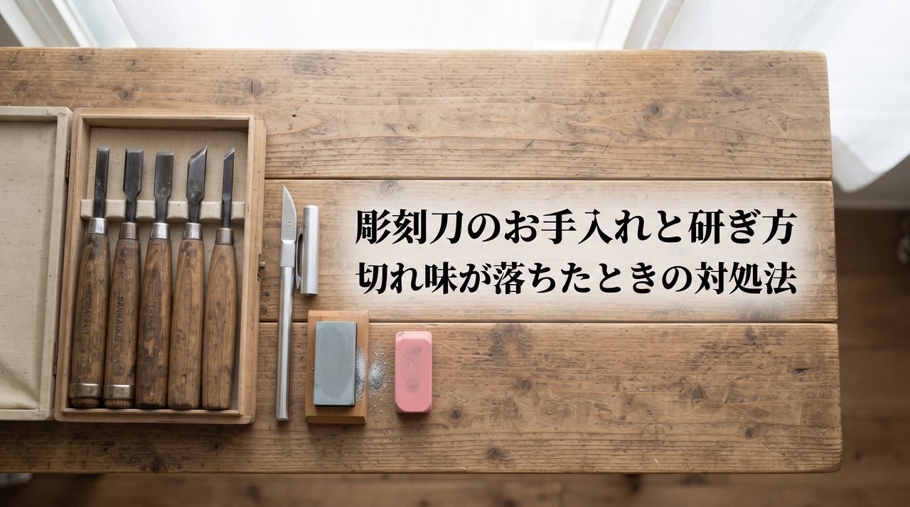 木製テーブルに彫刻刀セット・デザインナイフ・砥石・消しゴム板を俯瞰で並べたレイアウト写真