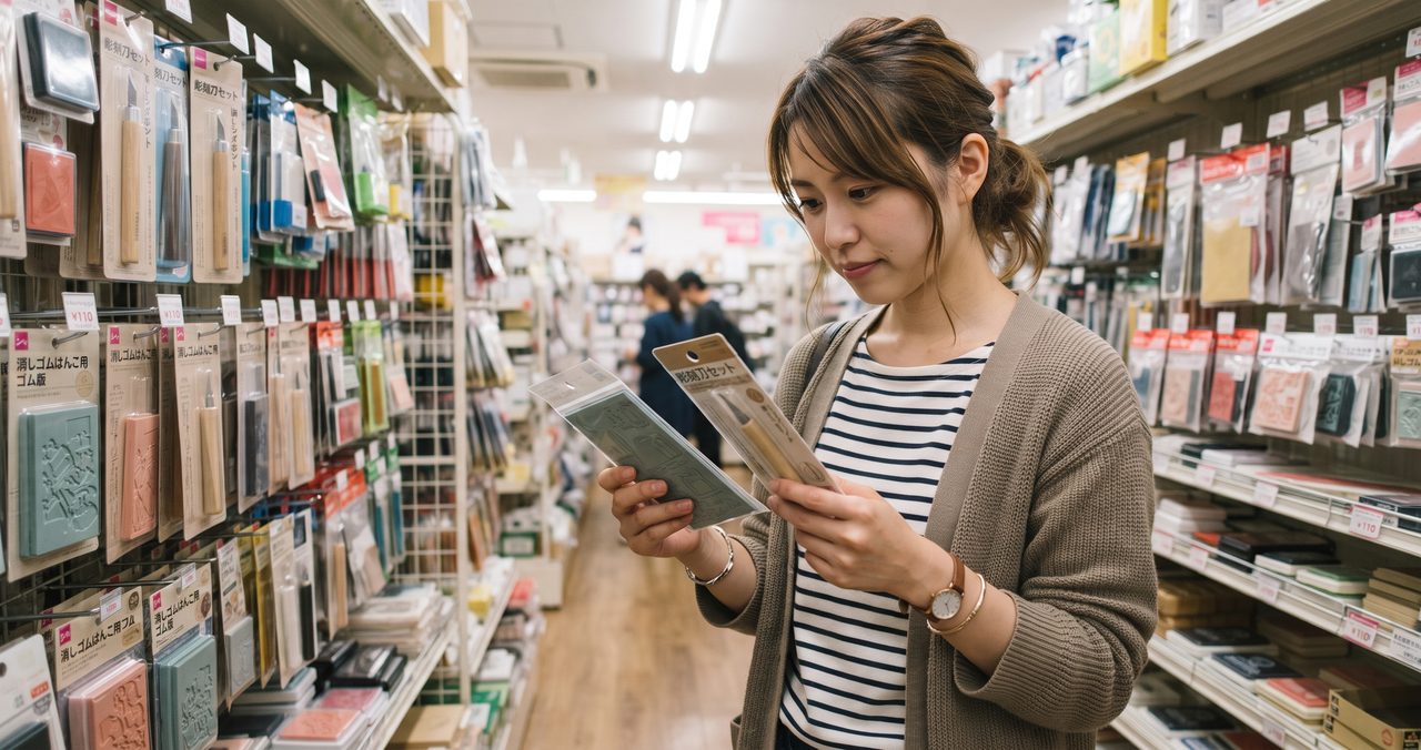 100円ショップの工作用品コーナーで消しゴムはんこ用の彫刻刀とゴム板を手に取って比べている様子