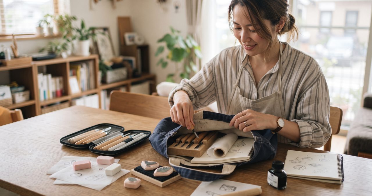彫刻刀・デザインナイフ・イレイサー・スタンプ台一式を布製の道具バッグに詰めている手元の様子