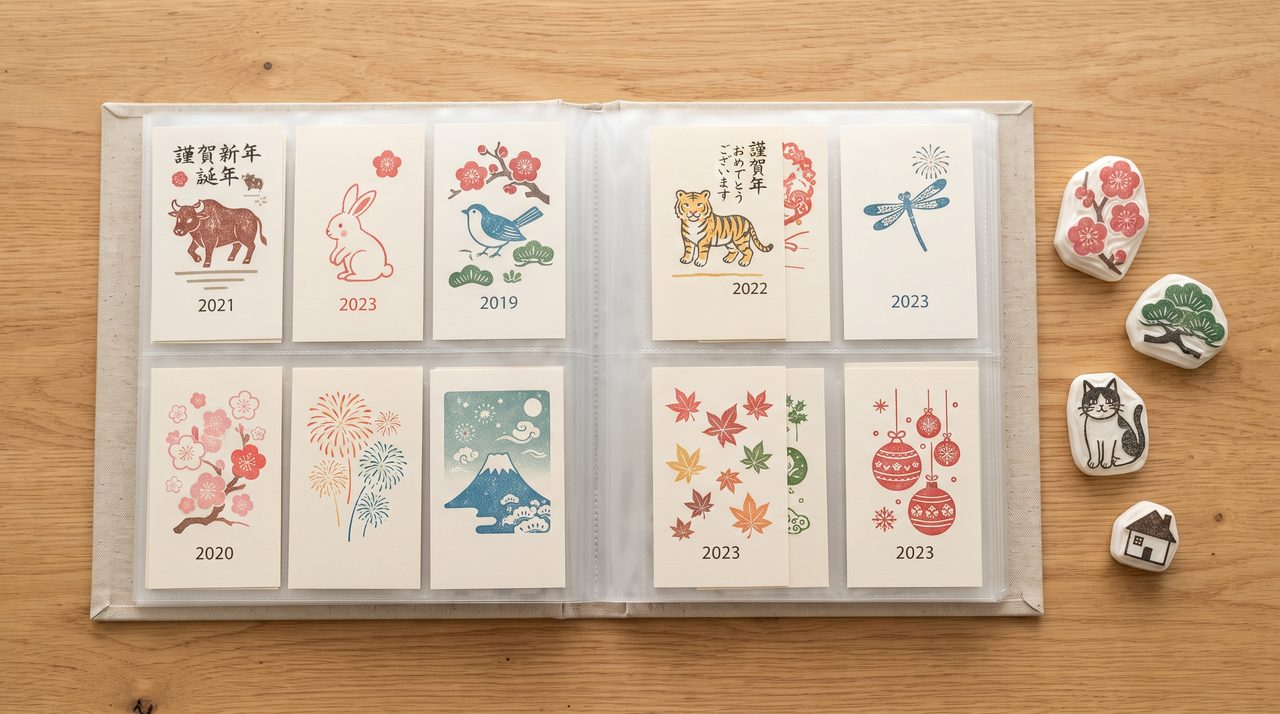 消しゴムはんこを押した年賀状をアルバムのポケットファイルに年別・季節別に整理して収納した様子
