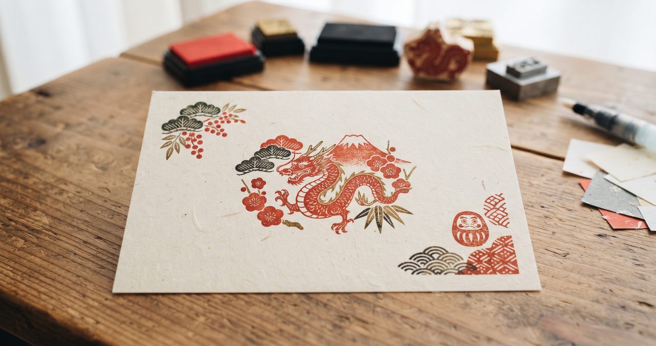 完成した季節モチーフのスタンプを紙に押した年賀状風の作品の写真