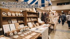 フリマ・ハンドメイドイベントの出店ブースに並べられた消しゴムはんこ作品の写真
