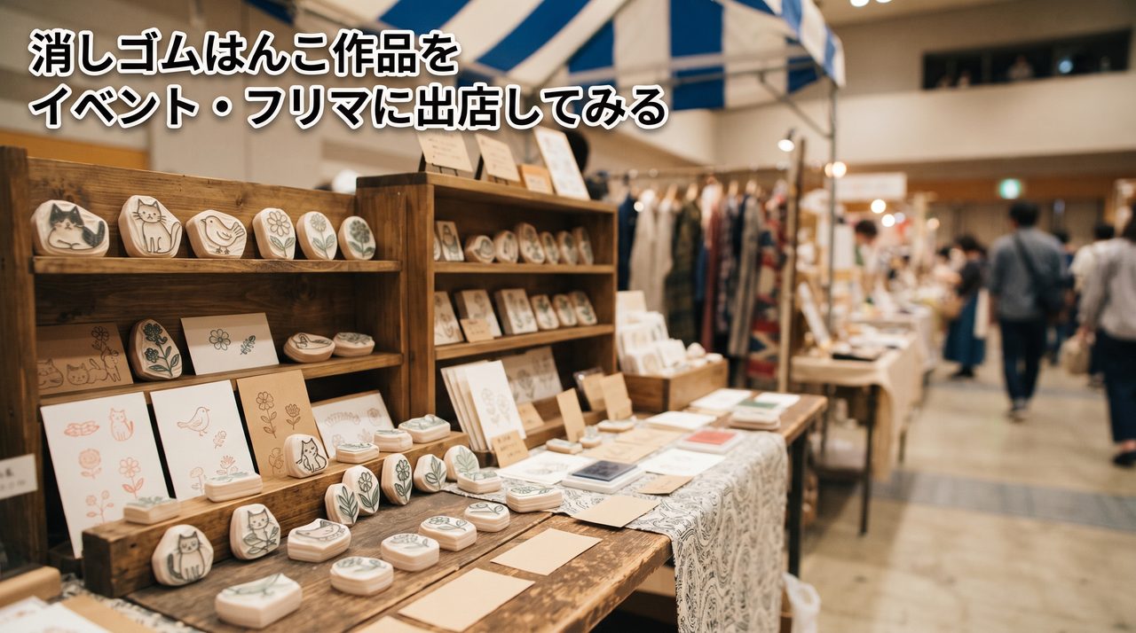 フリマ・ハンドメイドイベントの出店ブースに並べられた消しゴムはんこ作品の写真