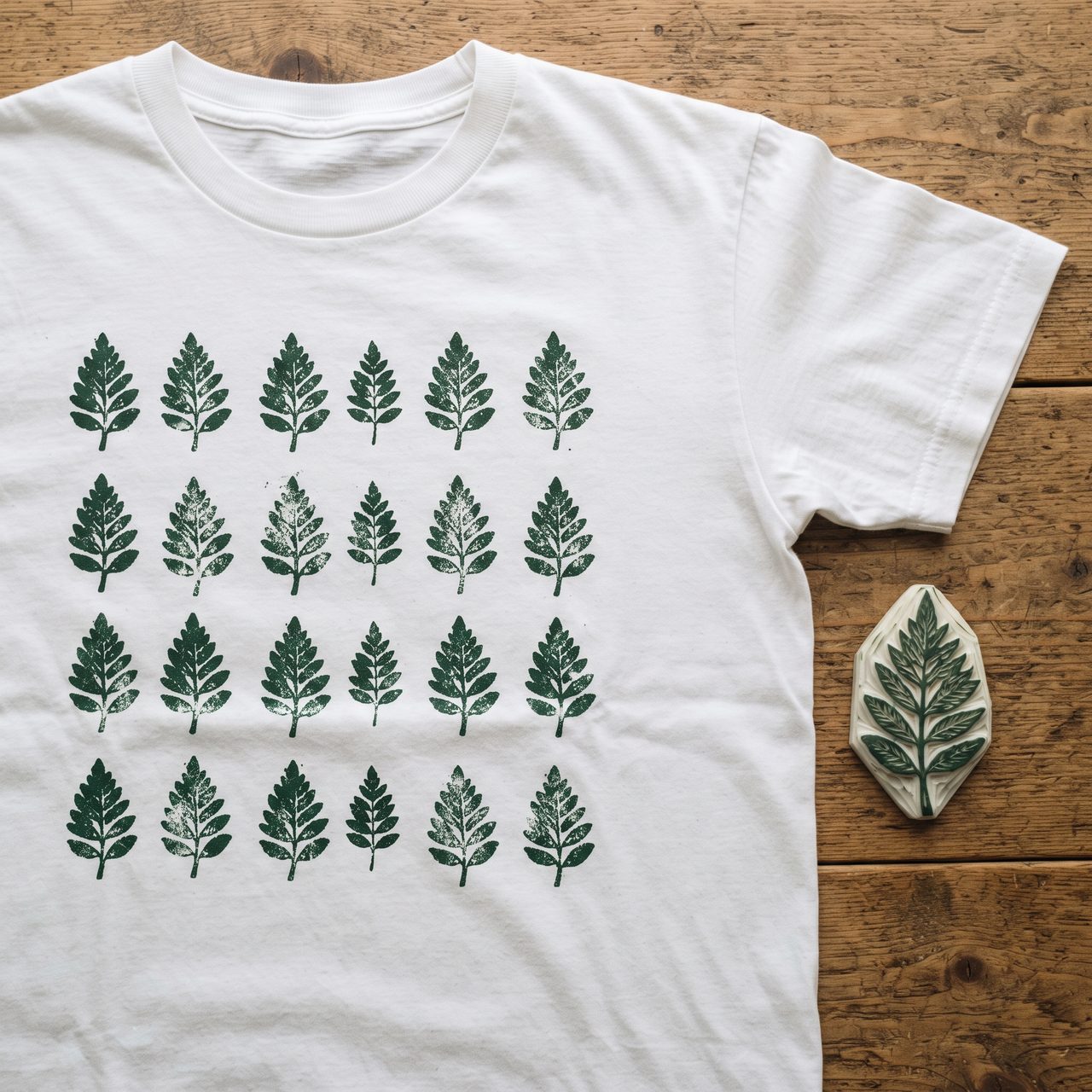 無地の白いTシャツに消しゴムはんこで押した緑色の葉っぱ柄のスタンプが並んでいる様子と、隣に置かれた彫刻済みの消しゴムはんこ本体