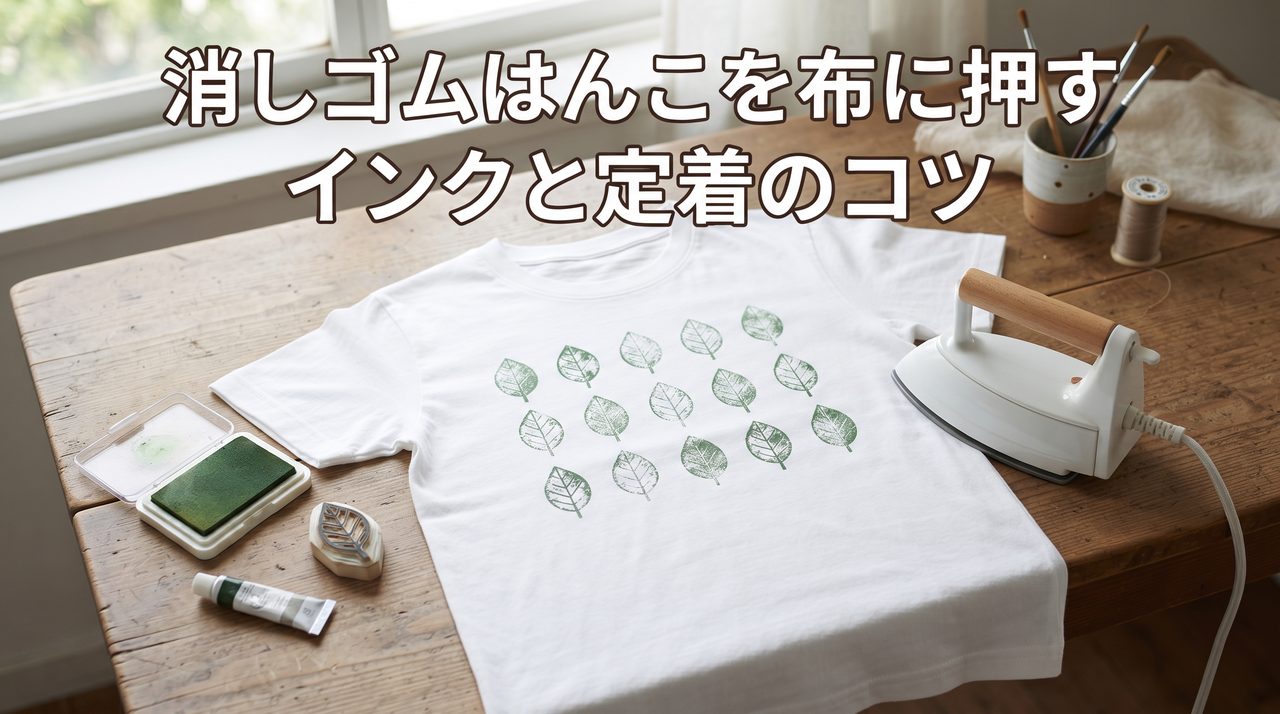 消しゴムはんこで葉っぱ柄をスタンプした白いTシャツと、アイロンや道具が並んだ木製テーブル