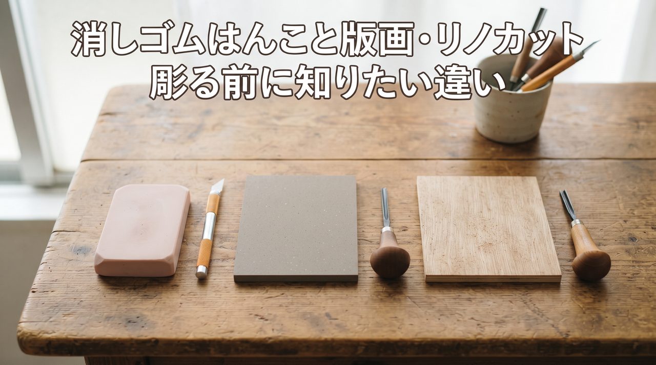 木製テーブルの上に彫刻前の消しゴム板・リノブロック・木版画用のシナベニヤ板を左から順に並べ、それぞれに彫刻刀やカッターナイフを添えた様子