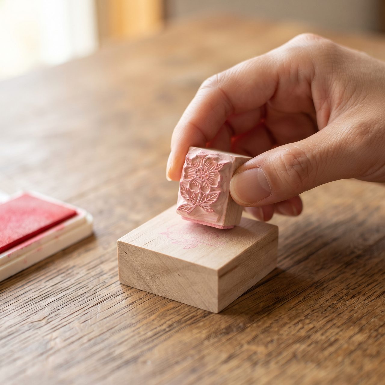 消しゴムはんこにインクをつけ、木製の持ち手の天面に試し捺ししている瞬間の手元。天面には花の模様がうっすらと写っている