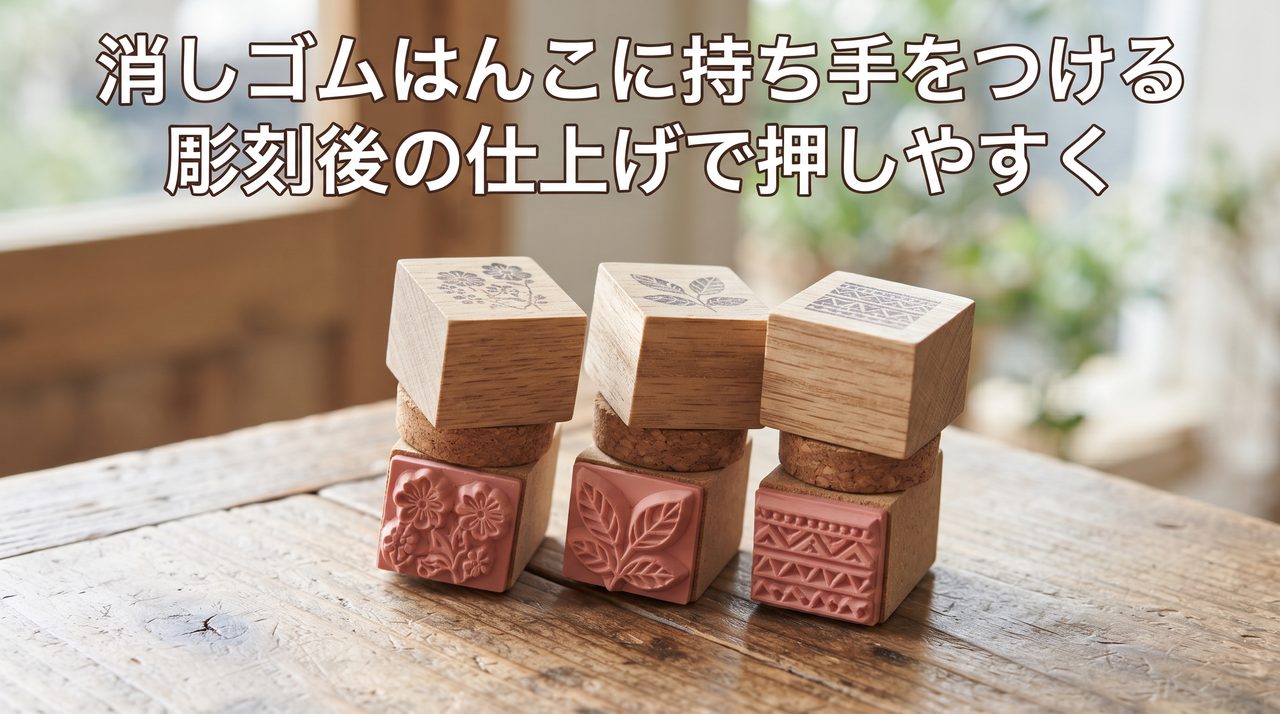 木製とコルクの持ち手をつけた消しゴムはんこが3本、テーブルの上に並んでいる写真。持ち手の天面にはそれぞれ花・葉・幾何学模様の図柄がうっすらと試し捺しされている