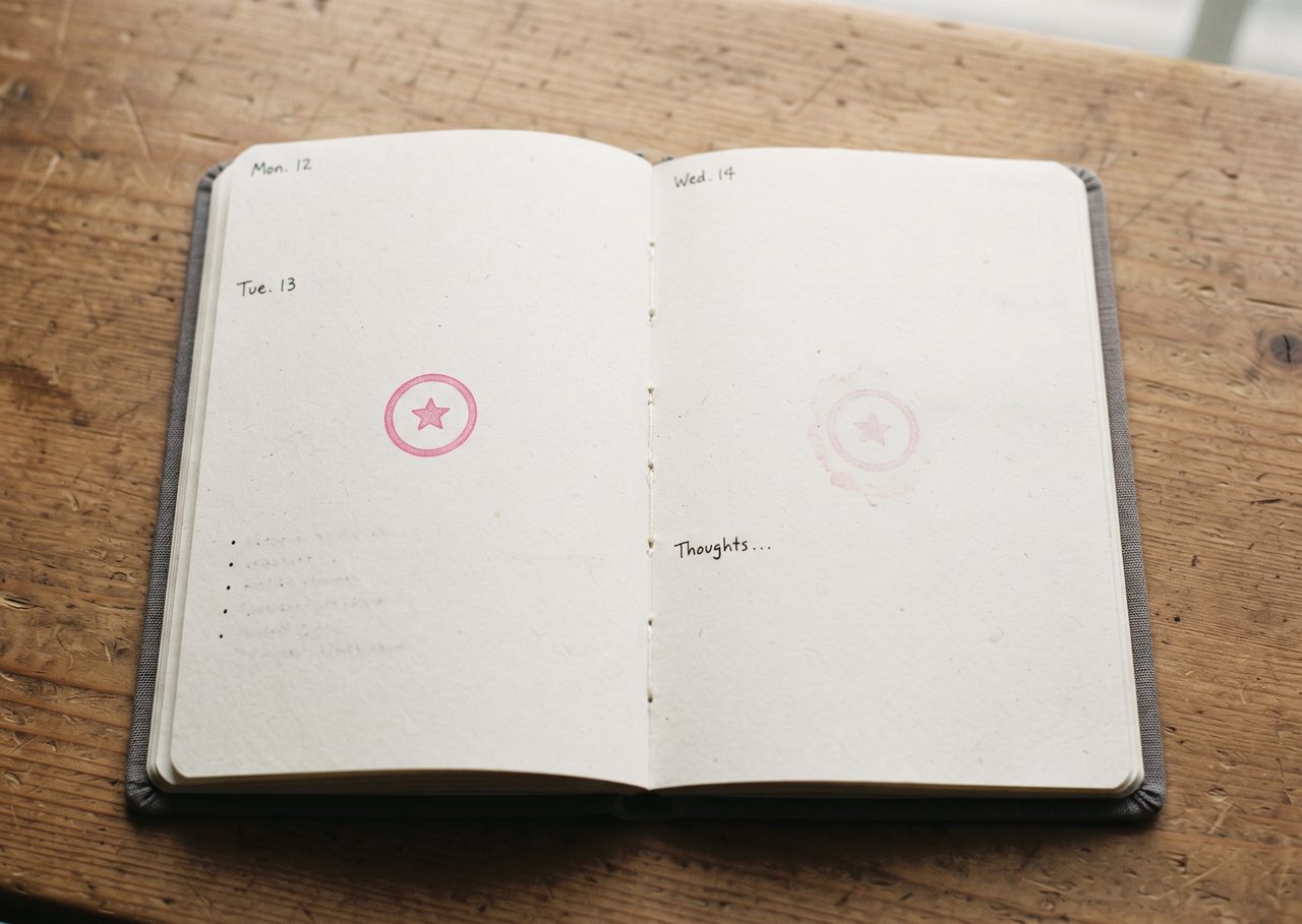 開いた手帳の見開きページ、左ページに押したピンクのスタンプのインクが、向かい側のページにうっすらと色移りしている様子