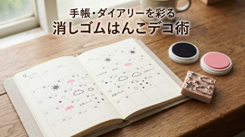 手帳のマンスリーページに消しゴムはんこの枠スタンプ・天気アイコンスタンプが複数色で押され、脇に彫刻済みの消しゴムはんこと無地のスタンプ台が置かれている様子