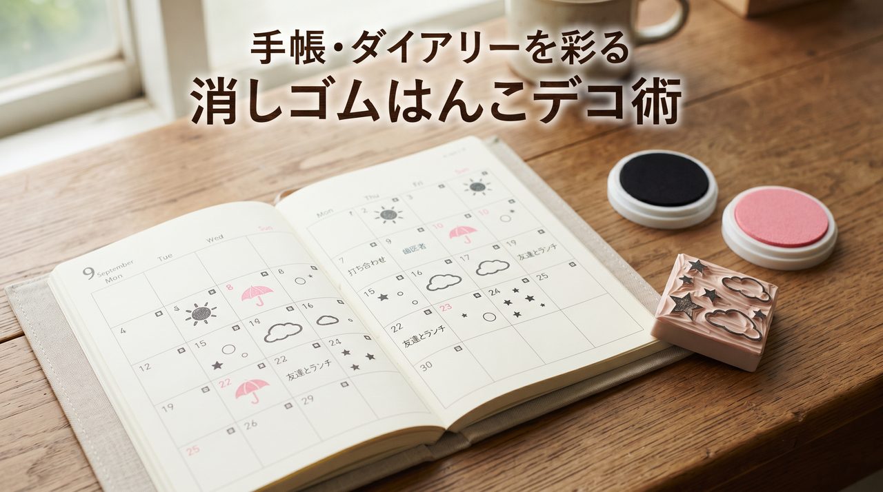 手帳のマンスリーページに消しゴムはんこの枠スタンプ・天気アイコンスタンプが複数色で押され、脇に彫刻済みの消しゴムはんこと無地のスタンプ台が置かれている様子
