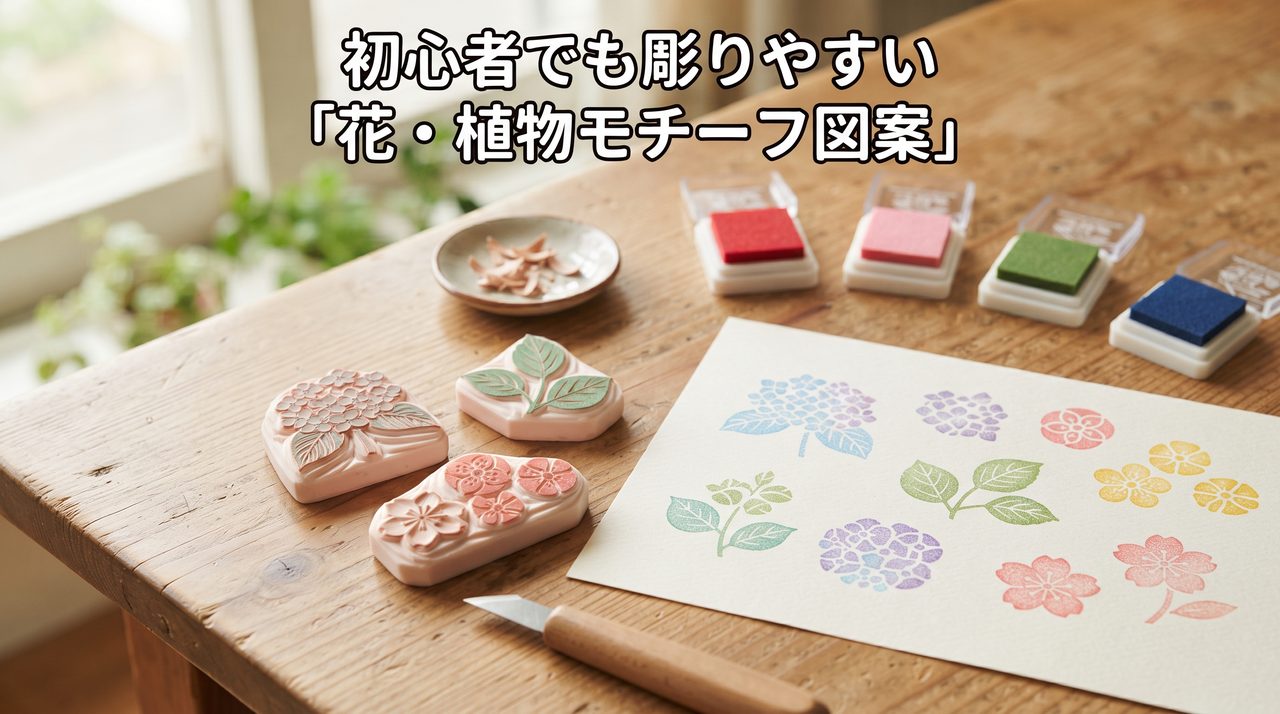 花・葉モチーフの消しゴムはんこ数個とそれを紙に押した紫陽花・葉っぱ・花の図案が並ぶ木製テーブルの俯瞰カット、タイトル文字入り