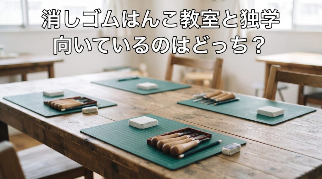 木製の長テーブルを囲むように彫刻刀・カッターマット・消しゴム板のセットが数人分並べられ、教室やワークショップが始まる直前のような雰囲気の写真