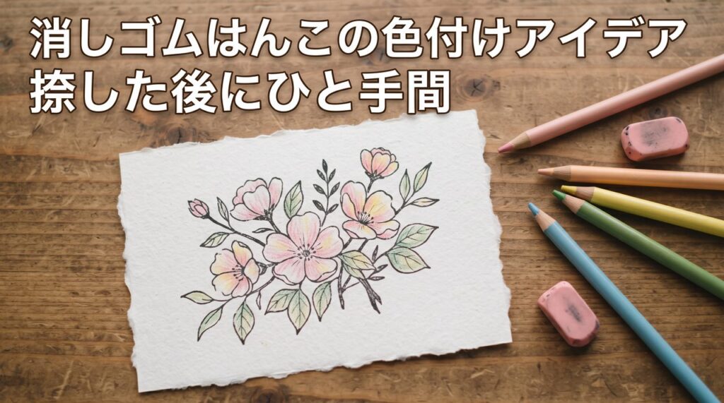 白い紙に捺された花模様の消しゴムはんこ作品に色鉛筆で淡いピンクと黄色が塗り足され、周りに色鉛筆が数本置かれている写真