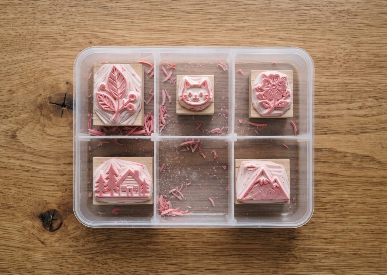 仕切り付きの透明なプラスチックケースに、彫り終えた消しゴムはんこが5個、仕切りごとに1個ずつ収められている様子