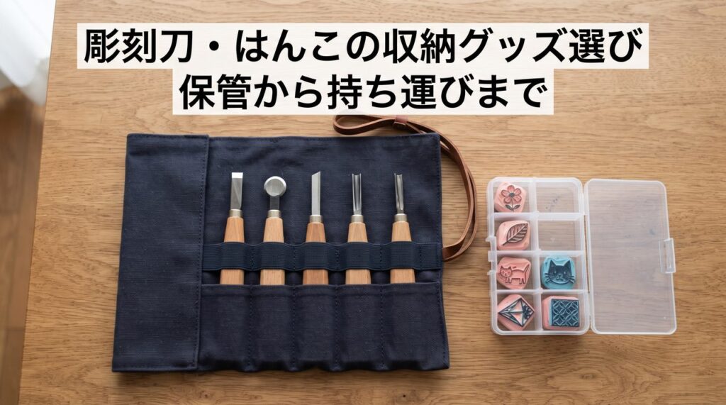木製テーブルの上で布製のロールケースに彫刻刀が5本ほど収まり、脇に仕切り付きのケースに消しゴムはんこが数個並べて収納されている写真