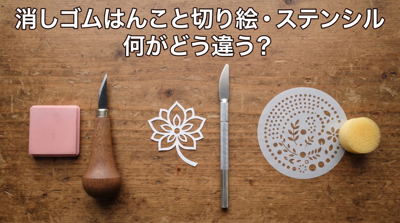 彫刻前の消しゴム板と彫刻刀、切り絵の一部と無地のデザインナイフ、丸くくり抜かれたステンシルシートとスポンジの3つの道具セットが並べられている様子