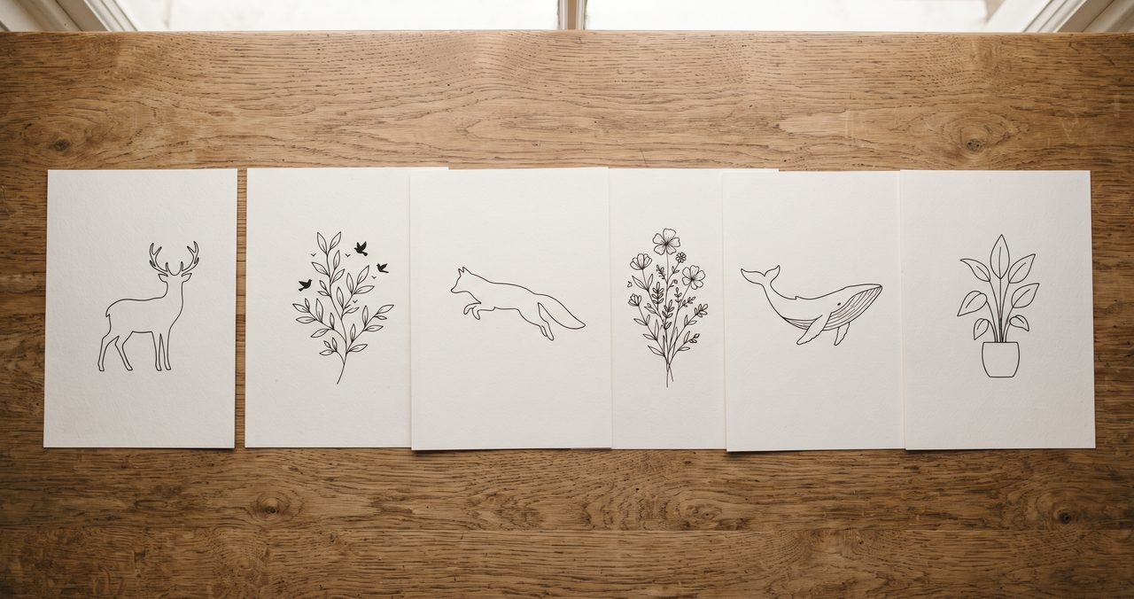 木製の机の上に、動物や植物のシンプルな輪郭線だけのシルエットイラストが印刷された紙が数枚、真上から見えるように並べられている様子
