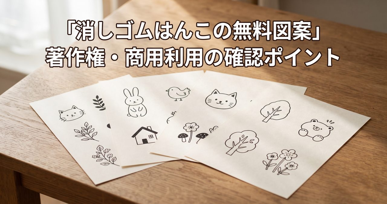 木製デスクの上に、動物や植物のシンプルな線画イラストが印刷された紙が数枚、扇状に重なり合って並べられている様子