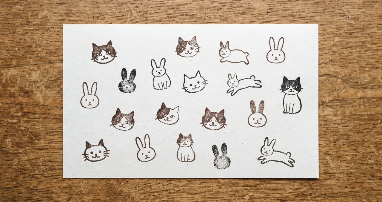 白い紙の上に、猫やうさぎの顔をモチーフにしたシンプルな輪郭のスタンプをインクで捺した印影が複数並んでいる様子