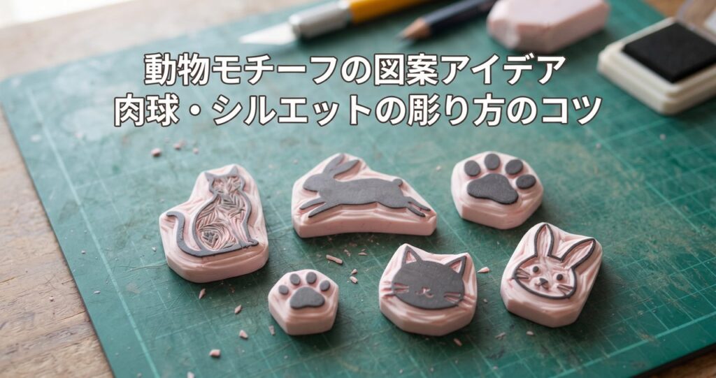 緑色のカッティングマットの上に、猫やうさぎのシルエット、肉球の形をした彫り上がった消しゴムはんこ作品が複数並べられている様子