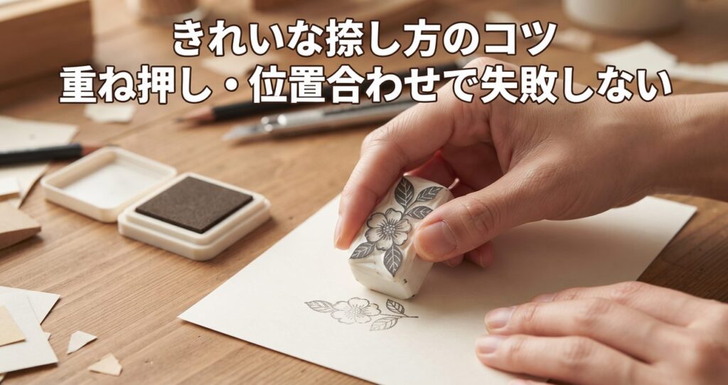 木製の机の上で片方の手で花の模様の消しゴムはんこを紙にまっすぐ押し当てて捺している様子、近くに無地のインクパッドが置かれている