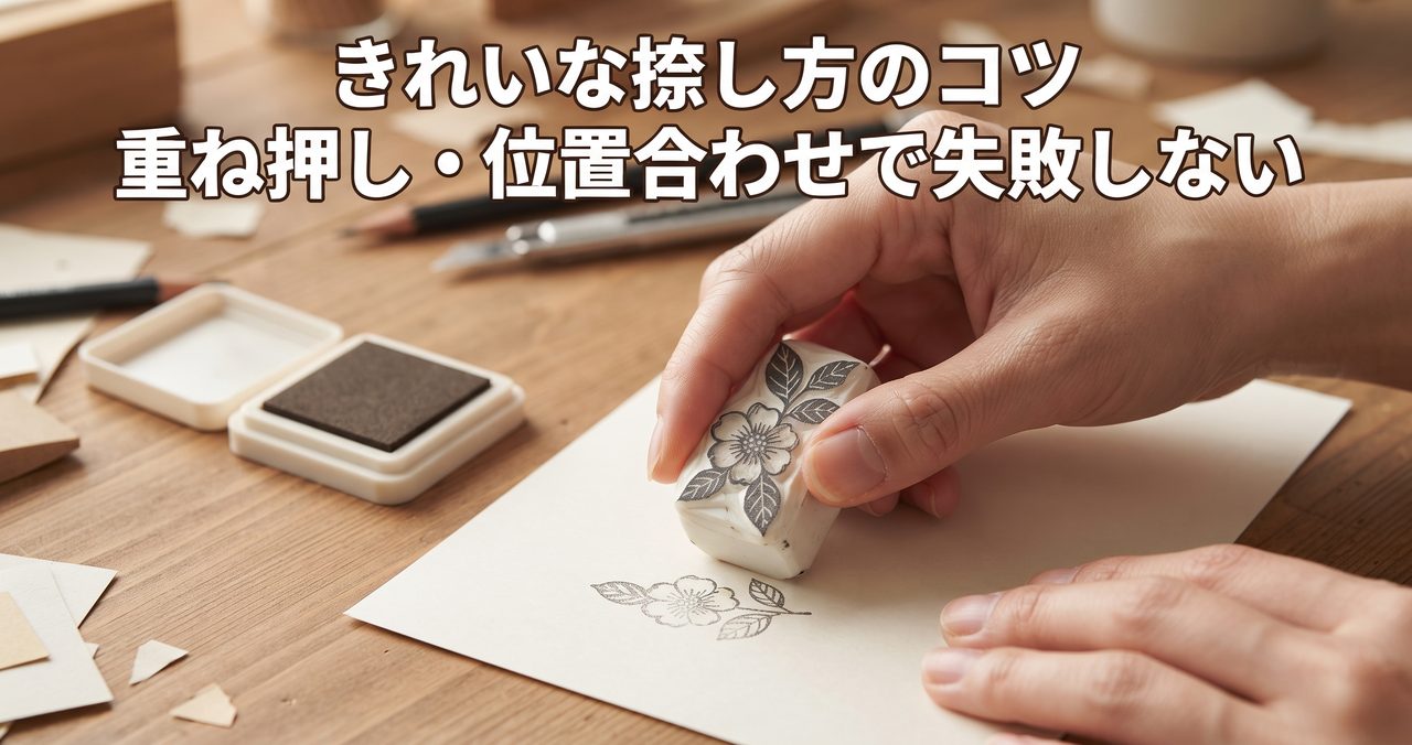 木製の机の上で片方の手で花の模様の消しゴムはんこを紙にまっすぐ押し当てて捺している様子、近くに無地のインクパッドが置かれている
